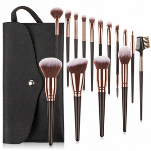 Set de 15 Brochas de Maquillaje Marrón y Negro con Cerdas Veganas Sintéticas, Kit de Brochas Cosméticas con Bolsa para Maquillaje de Rostro y Ojos, OEM - Product Image 6