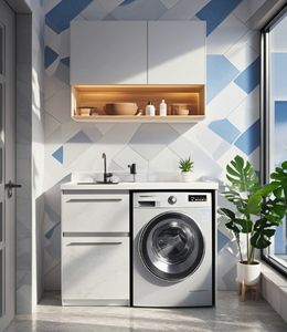 Armoires de blanchisserie minimalistes de haute qualité, armoires de rangement pour buanderie autoportantes, armoires d'évier avec machine à laver - Product Image 4