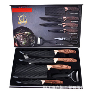 Juego de Cuchillos de Cocina de 6 Piezas con Mango de Imitación Madera y Patrón de Diamantes, Cuchillo de Chef, Cuchillo para Frutas, Caja de Regalo - Product Image 1