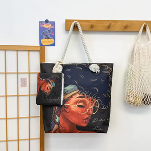 Bolsas de Hombro de Lona de Algodón para Mujer, con Estampado Africano de <span class=keywords><strong>Chica</strong></span>, Personalizadas al por Mayor, Lindas y Artísticas, de Gran Capacidad, Lisas, con Asas de Cuerda - Product Image 2