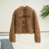 Nouvelle Veste Courte en Vraie Laine et Fourrure avec Doublure en Daim pour Femme, en Laine d'Agneau et Boutons en Corne, Modèle JT635