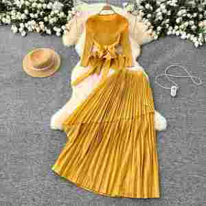 Conjunto Casual para Mujer, Blusa Midi de Manga Larga con Cuello en V, Tejido Sólido, Asimétrica, Falda Plisada de Cintura Alta, Poliéster/Algodón - Product Image 3