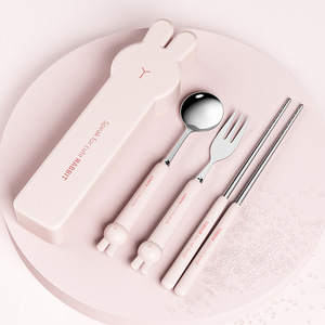 Joli ensemble de couverts pour enfants voyage mignon lapin baguettes cuillère et fourchette ensemble de couverts en acier inoxydable pour les enfants - Product Image 1