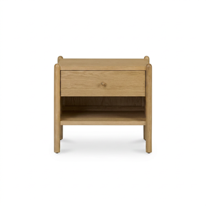 Blonde Teak Wood Nightstand Round <b>Peg</b> Legs 1 Drawer Bedside Table with Open Lower <b>Shelf</b> - Product Image 1