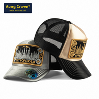 Casquette de camionneur unisexe en cuir de haute qualité Aung Crown à 5 panneaux, broderie 3D personnalisée, patch tissé, visière incurvée, casquettes de camionneur en maille