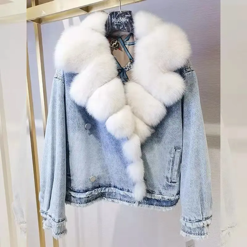Casaco de pele de raposa personalizado, jaqueta em denim feminina grande com gola de pele personalizada, venda imperdível, 2022