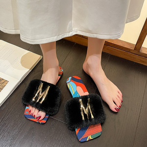 2026 Fairy Style Furry <b>Slippers</b>, Women Square Toe Open-Toe Flat Mules, Simple One-Strap Plus Size Outdoor Slides - Product Image 2