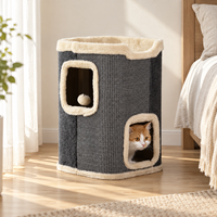 Lit pour chat d'intérieur rectangulaire moderne en peluche, avec double grotte, griffoir, jouets suspendus et lit surélevé