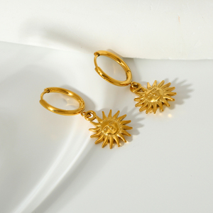 INS Trend 18k Gold Plated <strong>Stainless</strong> <strong>Steel</strong> Engraved Sun Face Drop Dangle Hoop Earring Tarnish Free <strong>Jewelry</strong> - Product Image 3
