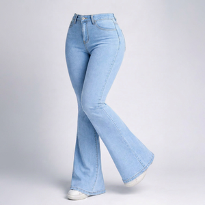 Jean en denim évasé taille haute délavé clair en coton coupe droite déchiré écoresponsable streetwear décontracté pour le printemps - Product Image 1