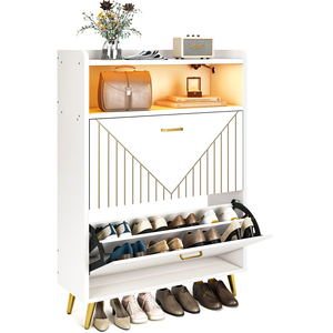 Meuble à chaussures autoportant en bois avec portes battantes, capteur de mouvement, éclairage LED, organisateur d'entrée, étagères ouvertes pour placard, salon - Product Image 1