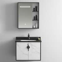 Miroir de salle de bain rectangulaire en PVC noir mat avec éclairage LED mural design moderne, comptoir en chêne, lavabo facile à nettoyer