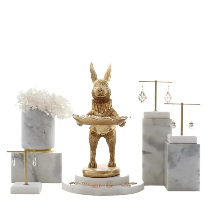 High-end marble metal jewelry storage display rack gold rabbit set necklace ring jewelry counter display rack