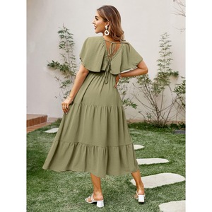 Femmes décontracté à manches courtes col en V Floral Maxi robes Boho plage <span class=keywords><strong>Photoshoot</strong></span> fluide à volants invité de mariage Premium longue robe - Product Image 6