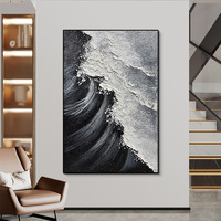Peinture à l'huile abstraite moderne 3D texturée en relief, 100% peinte à la main, motif vague marine noir et blanc, sur toile, faite à la main