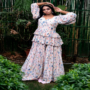 Bohemian Floral Print Crepe Floor-Length Peplum <b>Dress</b> With <b>Ruffles</b> Empire Waistline Sweetheart Neck Casual Style For Adult - Product Image 1