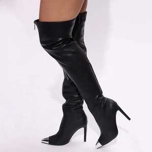 Women's Front Silver Zipper Metal Pointed Toe Long Boots Skintight Thigh High Booties Sexy Dress Stiletto Stage <b>Shoes</b> - Product Image 3