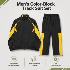 Ensemble de survêtement sportif pour homme 2 pièces en nylon léger coupe-vent avec col montant zippé et passepoil contrastant à blocs de couleur personnalisés - Product Image 3