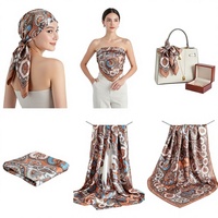 Selendang sutra persegi 90cm motif paisley oranye dan cokelat bohemian, gaya tube top satin mewah, cocok untuk pakaian pantai