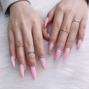 TSZS <span class=keywords><strong>2022</strong></span> <span class=keywords><strong>Faux</strong></span> ongles longs roses faits à la main de luxe à coller avec strass, forme cercueil personnalisée - Product Image 4