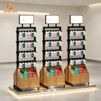 Présentoir mural pour cosmétiques et parfums, avec éclairage LED et support en bois, pour centre commercial