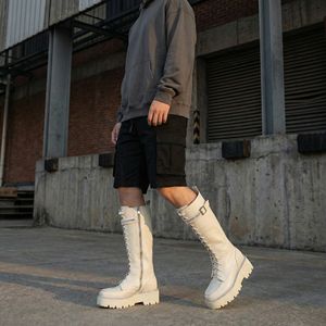 Stivali al ginocchio da <span class=keywords><strong>uomo</strong></span> personalizzati in vera pelle bianco crema con lacci e cerniera, suola spessa e punta tonda - Product Image 6