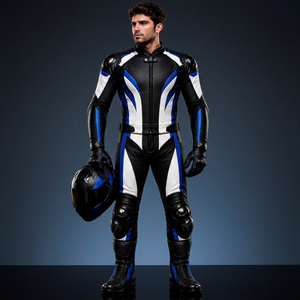 Traje de Motociclismo de Cuero Negro, Blanco y Azul para Hombre, Equipo de Protección Completo para Motociclistas - Product Image 1