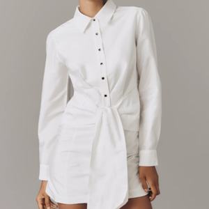 Vestido Camisero Mini de Manga Larga con Lazo Delantero, Estilo Bohemio Casual, Cintura Elástica, Tejido Sólido 100% Lino, Ecológico y Lavable - Product Image 1