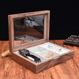 Walnut Wood Jewelry Box Rectangle <b>Storage</b> Display Case For <b>Rings</b> Necklaces Watches Household Use - Product Image 1