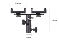 Support de téléphone double avec clip et articulation à angle réglable, adaptateur 1/4 pouce pour trépied/support d'éclairage, support de smartphone pour diffusion en direct et vlogging