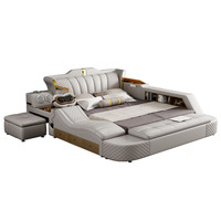 Modernes Holzbett mit Multifunktionalem Doppelbett-Schlafzimmermöbelset Luxuriöses Leder-Kingsize-Smartbett mit Massage und Projektor