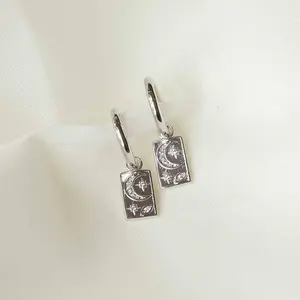 Gemnel Crescent CZ Star Rectangular Drop Eye Star 925 Silver Custom Dangle Earrings