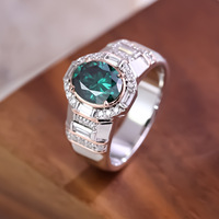 Cincin Perak S925 Pria Bestseller Lintas Negara dengan Warna Emas Putih & Emas Mawar, Dilengkapi Moissanite Oval Hijau Tua 2 Karat