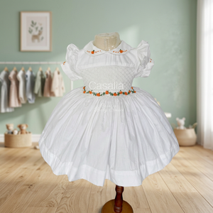 Casalia Halloween – robe blanche brodée à manches bouffantes pour filles, col Peter Pan, jupe unie, combinaison trapèze d'automne 100% coton - Product Image 3