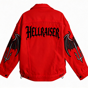 Chaqueta Vaquera Gris Extra Grande Personalizada con Bordado de Llamas |   Chaqueta Urbana de Estilo Graffiti con Parche Trasero para Hombre/Mujer - Product Image 5