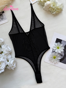 Dierlove Body de malla ultra transparente negro con cuello redondo, tirantes finos y corte alto, lencería transparente para mujer - Product Image 2