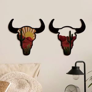 Decoración de Pared con Calavera de Toro Estilo Western, Arte de Paisaje Desértico en Capas, Decoración Vintage para Colgar en Cafés, Restaurantes y Bares - Product Image 1