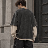 Nouvel Arrivage T-shirt Homme Streetwear à Manches Longues en Maille Gaufrée Lavée Superposée, Imprimé Sérigraphié et Épaules Tombantes