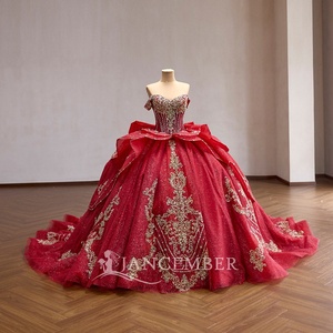 Rsm261096 Gorgeous Off Shoulder Beaded Corset Gold Lace Applique <b>Red</b> <b>Glitter</b> Tulle Ball Gown Quinceanera Dress Jancember - Product Image 2
