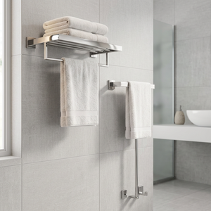 Porte-serviettes mural en acier inoxydable avec étagère, finition polie miroir, porte-serviettes de salle de bain au design minimaliste - Product Image 1