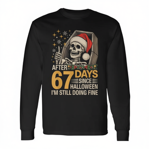 T-shirt à manches longues en coton doux et amusant pour adulte, motif 'Squelette dans un cercueil' (Meme 'Après 67 jours de Noël'), promotionnel hiver - Product Image 2