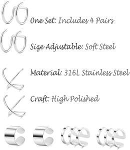 4 paires de boucles <span class=keywords><strong>d</strong></span>'oreilles en acier inoxydable <span class=keywords><strong>Helix</strong></span> Cartilage Clip on Wrap Earrings Fake Nose Ring Non-Piercing Adjustable - Product Image 5
