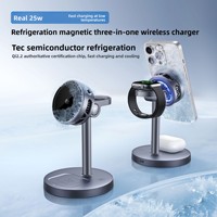 Support de téléphone à charge magnétique sans fil 3-en-1, charge rapide 25W, chargeur magnétique à semi-conducteurs refroidi par air, port de charge Type-C