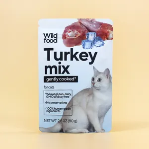 Desain kustom dicetak penghalang tinggi ramah lingkungan dapat ditutup kembali 80g campuran Turki Makanan kucing peliharaan kantong ritsleting berdiri tas mylar