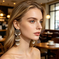 Pendientes de Perlas de Imitación de Estilo Étnico Indio Bohemio, Pendientes de Borla Colgantes Retro de Metal Hueco para Mujer