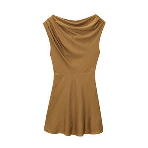 Robe Courte Sans Manches Couleur Kaki pour Femme, Col Rond, Design Plissé Asymétrique, Style Décontracté Vintage, Mode Estivale avec Détails Creux - Product Image 1