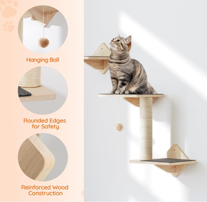 Estante de Pared para Gatos de Madera, Juego de 5 Piezas, Muebles de Pared para Gatos con Casa, Escalones, Poste Rascador - Product Image 2