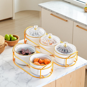 Juego de fruteros de cerámica con borde dorado y compartimentos para aperitivos y almacenamiento de frutas en fiestas en casa - Product Image 1