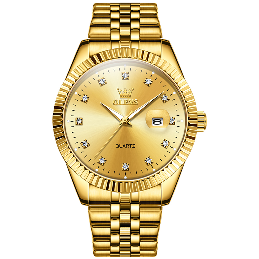 Oem High Quality Luxury Design Classic Style Business Stainless Steel Calendar Diamond Waterproof Gold Man Quartz Watch