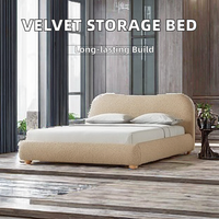 Ensemble de lit queen moderne en velours et coton avec rangement, cadre en bois massif, style doux